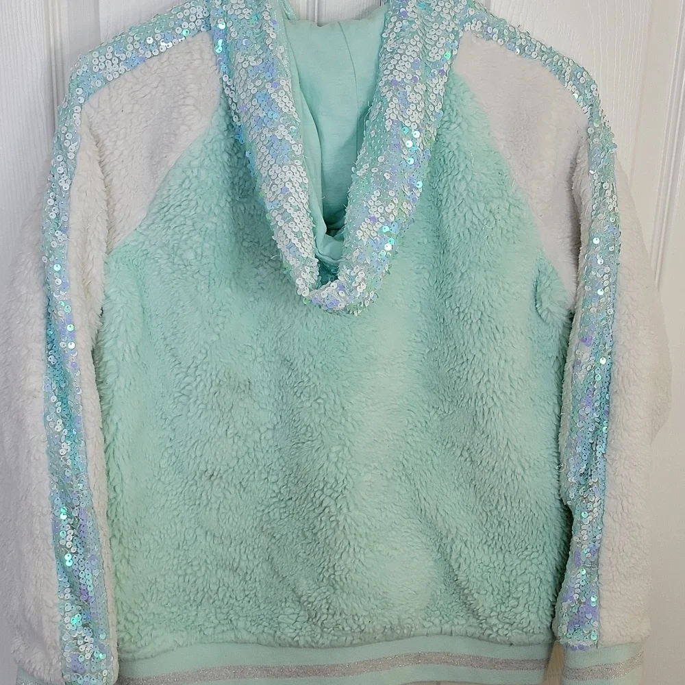 More Than Magic Faux Fur Sequin Zip Hoodie Mint Green Girls XL 14‑16